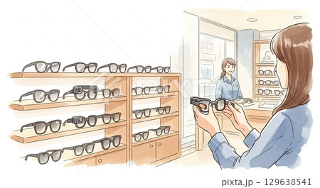スマートグラス売り場で接客を受ける女性（水彩風イラスト） 129638541