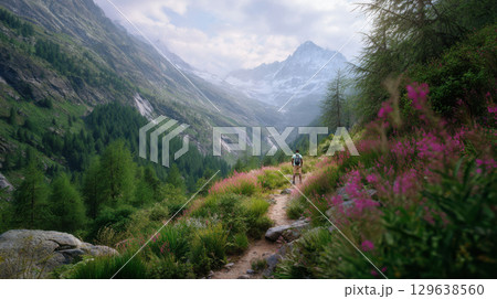 Ultra-realistic 8k scene of a hiker surrounded by lush greenery and wild blooms, walking toward dramatic snowy mountains in soft morning light. 129638560