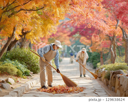 紅葉に囲まれた道を掃除する高齢者たち 129638624