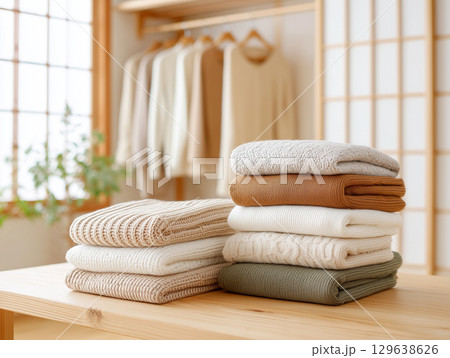 自然光が差し込む部屋に並ぶ畳まれた衣類 129638626