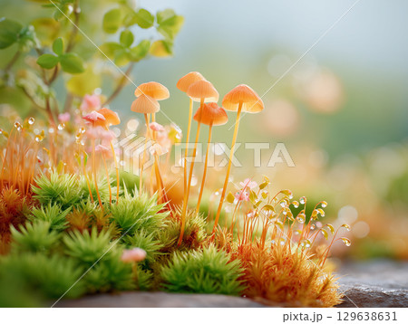 秋の森に広がる苔ときのこの美しい共演 秋の森に広がる苔ときのこの美しい共演 129638631