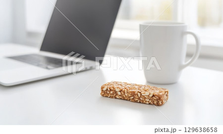 Protein bar snack on minimalist office desk with laptop and coffee for quick energy 129638658