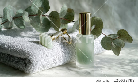 Jade face roller and frosted serum bottle on white towel with eucalyptus and marble surface in soft light for anti-aging beauty and skincare concept 129638798