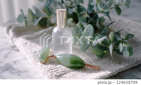 Jade face roller and frosted serum bottle on white towel with eucalyptus and marble surface in soft light for anti-aging beauty and skincare concept 129638799