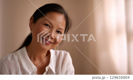 Mature woman with glowing skin and natural makeup in soft warm light for anti-aging beauty stock 129638804