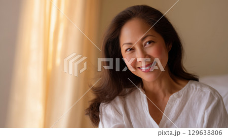 Smiling mature Asian woman with radiant youthful skin and natural makeup in warm soft window light wearing white linen shirt with minimal background 129638806