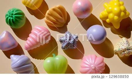 Bright colorful squishy stress toys arranged on smooth beige background for playful antistress product scene 129638850