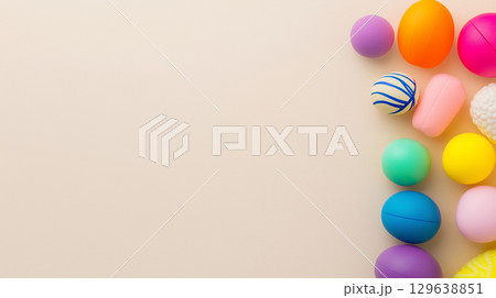 Bright colorful squishy stress toys arranged on smooth beige background for playful antistress product scene 129638851