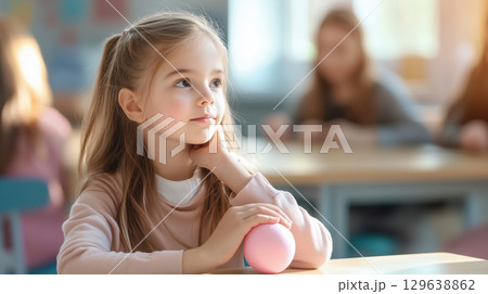 Casual child with sensory toy in natural soft lighting for educational or therapy visuals 129638862