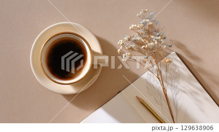 Coffee cup and notebook flatlay with pencil sketch overlay blending illustration and photography on soft beige background 129638906