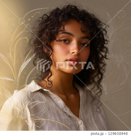 Fusion of photo realism and line sketch for modern artistic portrait concept 129638948