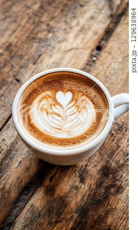 Vertical coffee cup close-up with latte art and hand-drawn swirl overlay blending food photography and artistic illustration 129638964