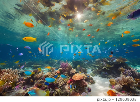 Beautiful coral reef flourishing beneath the vibrant ocean surface.AI Generated 129639038