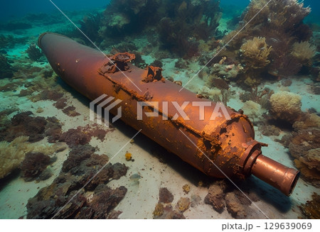 Sunken submarine parts or naval weapons beneath ocean depths.AI Generated 129639069