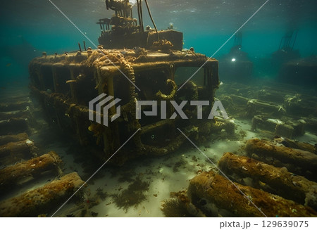 Sunken submarine parts or naval weapons beneath ocean depths.AI Generated Sunken submarine parts or naval weapons beneath ocean depths.AI Generated 129639075