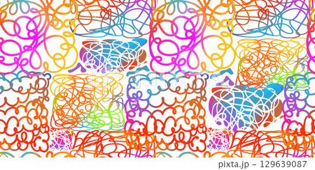 colored curvy brush stroke waves seamless pattern for background, fabric, textile, wrap, surface, web and print design. hand drawn. Not AI, Vector illustration 129639087
