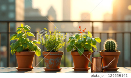 Potted plants on balcony in warm sunlight. Potted plants on balcony in warm sunlight. 129639141
