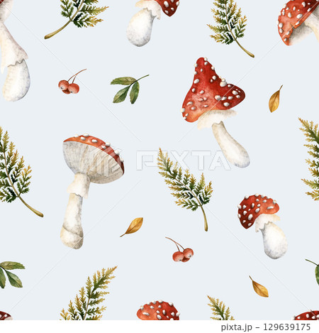 Fly agaric mushrooms fern branches. Autumn forest amanita Watercolor hand painted floral seamless pattern on light blue background for fall design cozy fabric prints cute home textile wrapping paper Fly agaric mushrooms fern branches. Autumn forest amanita Watercolor hand painted floral seamless pattern on light blue background for fall design cozy fabric prints cute home textile wrapping paper 129639175
