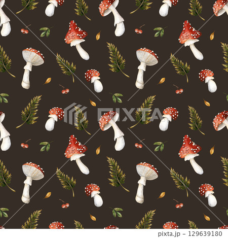 Fly agaric mushrooms fern branches. Autumn forest amanita Watercolor hand painted floral seamless pattern on dark background for fall design cozy fabric prints cute home textile wrapping paper Fly agaric mushrooms fern branches. Autumn forest amanita Watercolor hand painted floral seamless pattern on dark background for fall design cozy fabric prints cute home textile wrapping paper 129639180