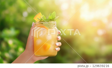 Close-up of female hands holding peach jargarita cocktail with ice and citrus garnish outdoors 129639216