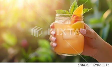 Close-up of female hands holding peach jargarita cocktail with ice and citrus garnish outdoors 129639217