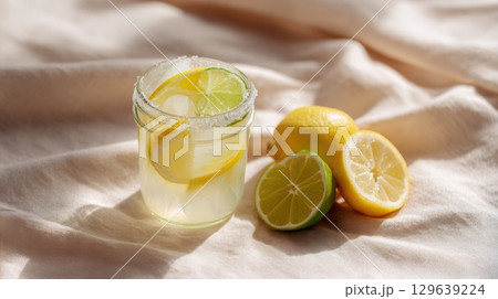 Single lemon jargarita cocktail styled on beige linen with minimal clean summer vibe 129639224