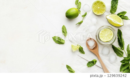 Flatlay of jargarita ingredients with open jam jar, lime wedges, mint and ice on rustic white table for homemade cocktail concept 129639242