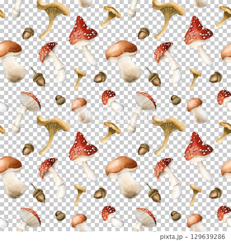 Mushrooms and oak acorns. Autumn forest boletus fly agaric chanterelles Watercolor hand painted floral seamless pattern on white background for fall cozy fabric prints cute home textile wrapping paper Mushrooms and oak acorns. Autumn forest boletus fly agaric chanterelles Watercolor hand painted floral seamless pattern on white background for fall cozy fabric prints cute home textile wrapping paper 129639286