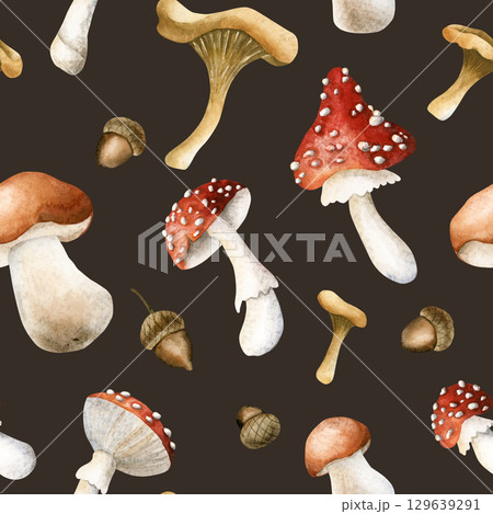 Mushrooms and oak acorns. Autumn forest boletus fly agaric chanterelles Watercolor hand painted floral seamless pattern on dark background for fall cozy fabric prints cute home textile wrapping paper Mushrooms and oak acorns. Autumn forest boletus fly agaric chanterelles Watercolor hand painted floral seamless pattern on dark background for fall cozy fabric prints cute home textile wrapping paper 129639291