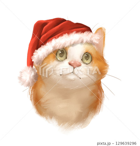 Delightful hand-drawn illustration of an orange and white cat with green eyes, wearing a festive red Santa hat. Perfect for Christmas cards, prints, and holiday decor 129639296