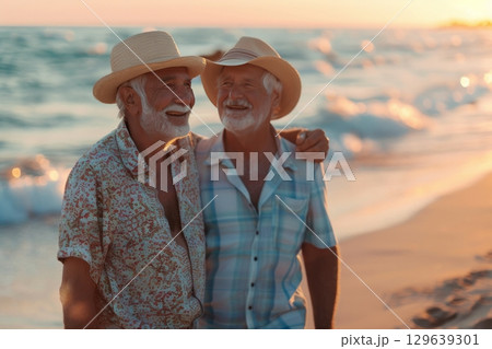 Happy senior friends walking at beach 129639301