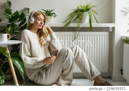 Relaxing With Headphones And Plants 129639321