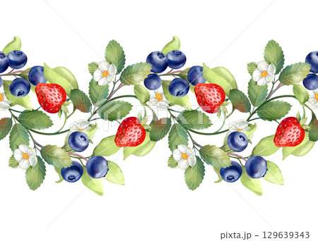 Hand-drawn seamless horizontal border illustration featuring ripe strawberries, blueberries, and delicate white flowers. Ideal for distinctive stationery, packaging, or other designs 129639343