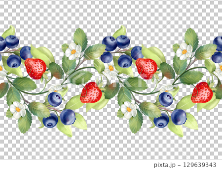 Hand-drawn seamless horizontal border illustration featuring ripe strawberries, blueberries, and delicate white flowers. Ideal for distinctive stationery, packaging, or other designs 129639343