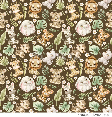 Cute Tropical Animals and Exotic Leaves Watercolor hand painted summer pastel neutral seamless pattern on dark brown background for nursery safari design kids baby cloth textile fabric wrapping paper 129639400