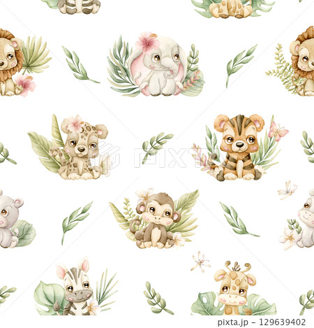 Cute Tropical Animals and Exotic Leaves Watercolor hand painted summer pastel neutral seamless pattern on white background for nursery safari design kids baby cloth textile fabric wrapping paper 129639402