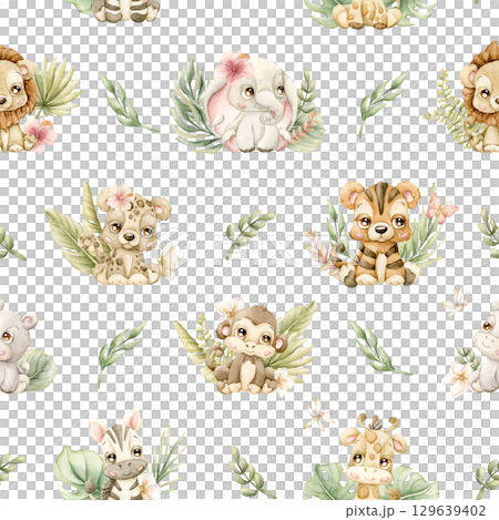 Cute Tropical Animals and Exotic Leaves Watercolor hand painted summer pastel neutral seamless pattern on white background for nursery safari design kids baby cloth textile fabric wrapping paper 129639402
