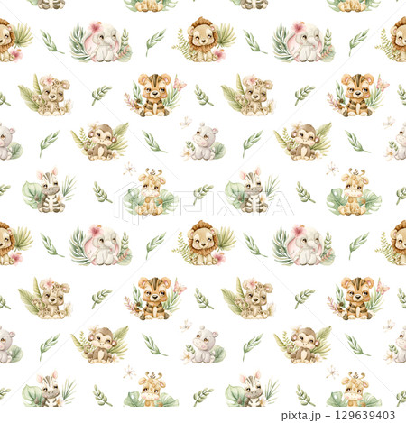 Cute Tropical Animals and Exotic Leaves Watercolor hand painted summer pastel neutral seamless pattern on white background for nursery safari design kids baby cloth textile fabric wrapping paper 129639403