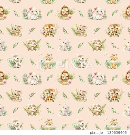 Cute Tropical Animals and Exotic Leaves Watercolor hand painted summer pastel neutral seamless pattern on light pink background for nursery safari design kids baby cloth textile fabric wrapping paper 129639406