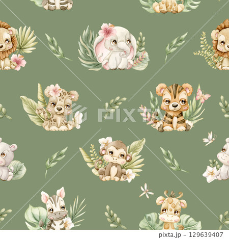 Cute Tropical Animals and Exotic Leaves Watercolor hand painted summer pastel neutral seamless pattern on green background for nursery safari design kids baby cloth textile fabric wrapping paper 129639407