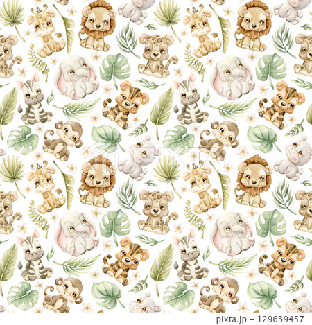 Cute Tropical Animals and Exotic Leaves Watercolor hand painted summer pastel neutral seamless pattern on white background for nursery safari design kids baby cloth textile fabric wrapping paper 129639457
