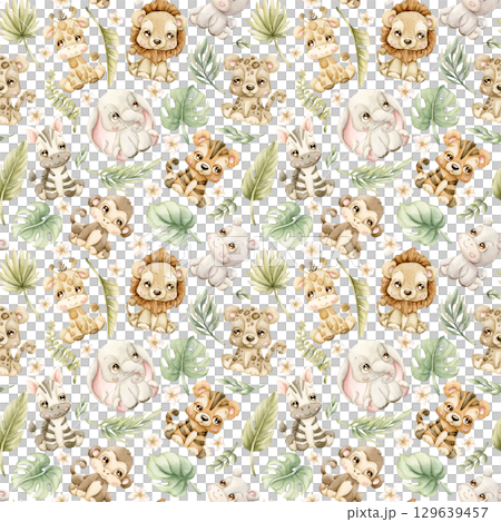 Cute Tropical Animals and Exotic Leaves Watercolor hand painted summer pastel neutral seamless pattern on white background for nursery safari design kids baby cloth textile fabric wrapping paper 129639457