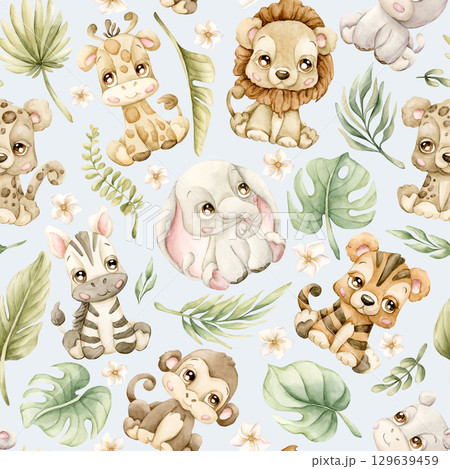 Cute Tropical Animals and Exotic Leaves Watercolor hand painted summer pastel neutral seamless pattern on light blue background for nursery safari design kids baby cloth textile fabric wrapping paper 129639459