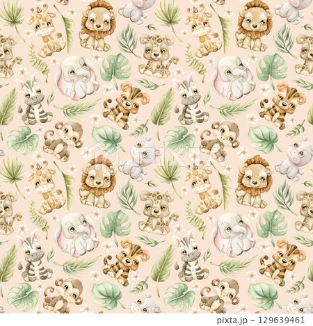 Cute Tropical Animals and Exotic Leaves Watercolor hand painted summer pastel neutral seamless pattern on light pink background for nursery safari design kids baby cloth textile fabric wrapping paper 129639461