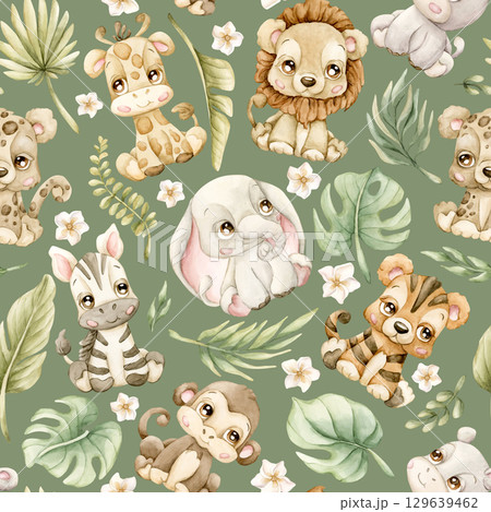 Cute Tropical Animals and Exotic Leaves Watercolor hand painted summer pastel neutral seamless pattern on green background for nursery safari design kids baby cloth textile fabric wrapping paper 129639462