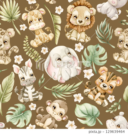 Cute Tropical Animals and Exotic Leaves Watercolor hand painted summer pastel neutral seamless pattern on brown background for nursery safari design kids baby cloth textile fabric wrapping paper Cute Tropical Animals and Exotic Leaves Watercolor hand painted summer pastel neutral seamless pattern on brown background for nursery safari design kids baby cloth textile fabric wrapping paper 129639464
