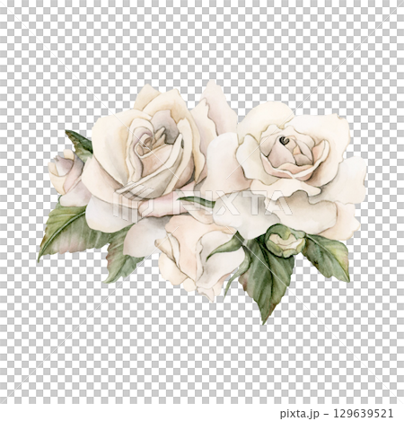 Roses with buds and leaves. White garden flower arrangement. Watercolor hand painted floral isolated illustration for wedding design mother's day card home textile fabric porcelain crockery label logo Roses with buds and leaves. White garden flower arrangement. Watercolor hand painted floral isolated illustration for wedding design mother's day card home textile fabric porcelain crockery label logo 129639521