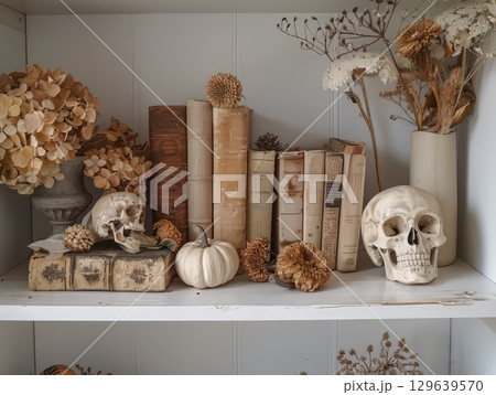 Autumn Still Life with Skull and Dried Flowers 129639570