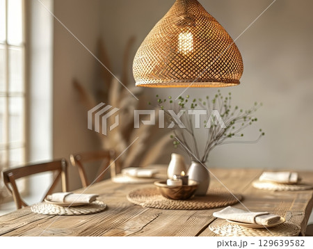 Rustic Dining Table with Natural Light and Dried Flowers 129639582