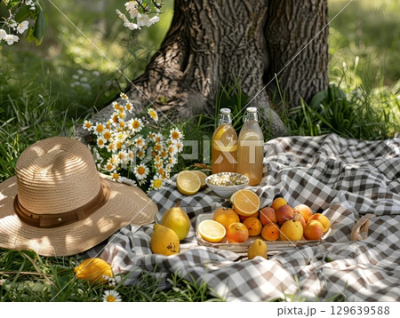 Summer Picnic with Straw Hat, Lemonade and Tomatoes 129639588